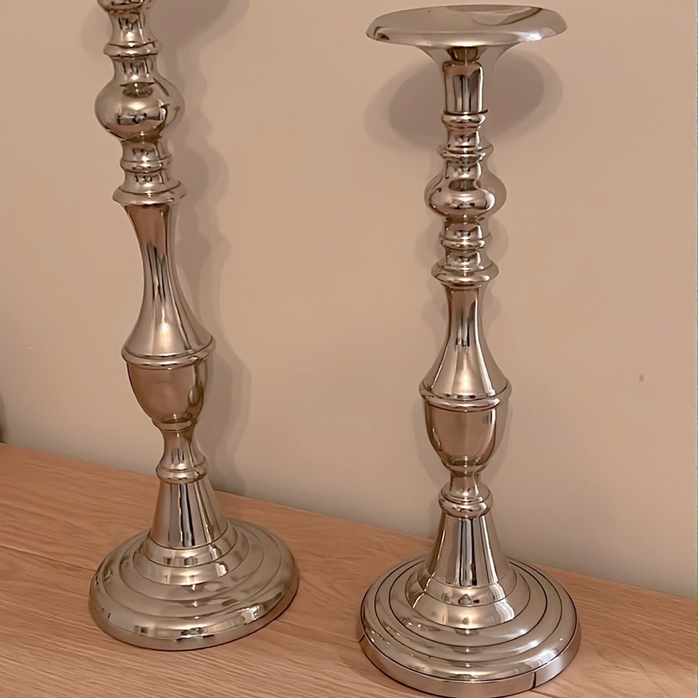 2pc Large Candlestick / Silver / Metal / Pillar - Picture 3 of 4